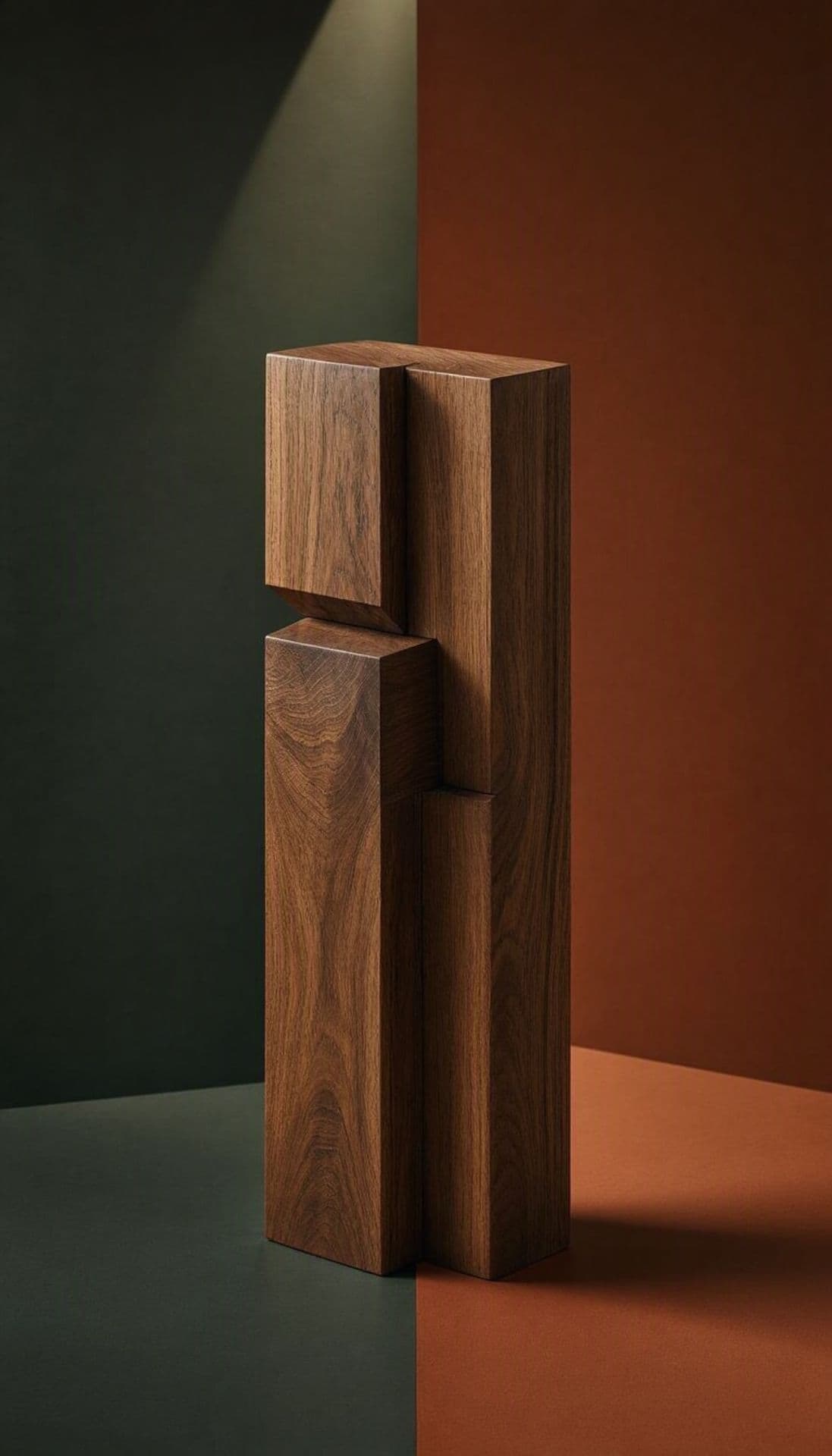 Precisely joined hardwood forms against forest green and terracotta planes