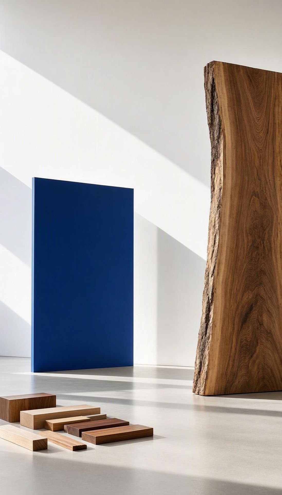 Natural timber and wood samples presented in a bright modernist gallery