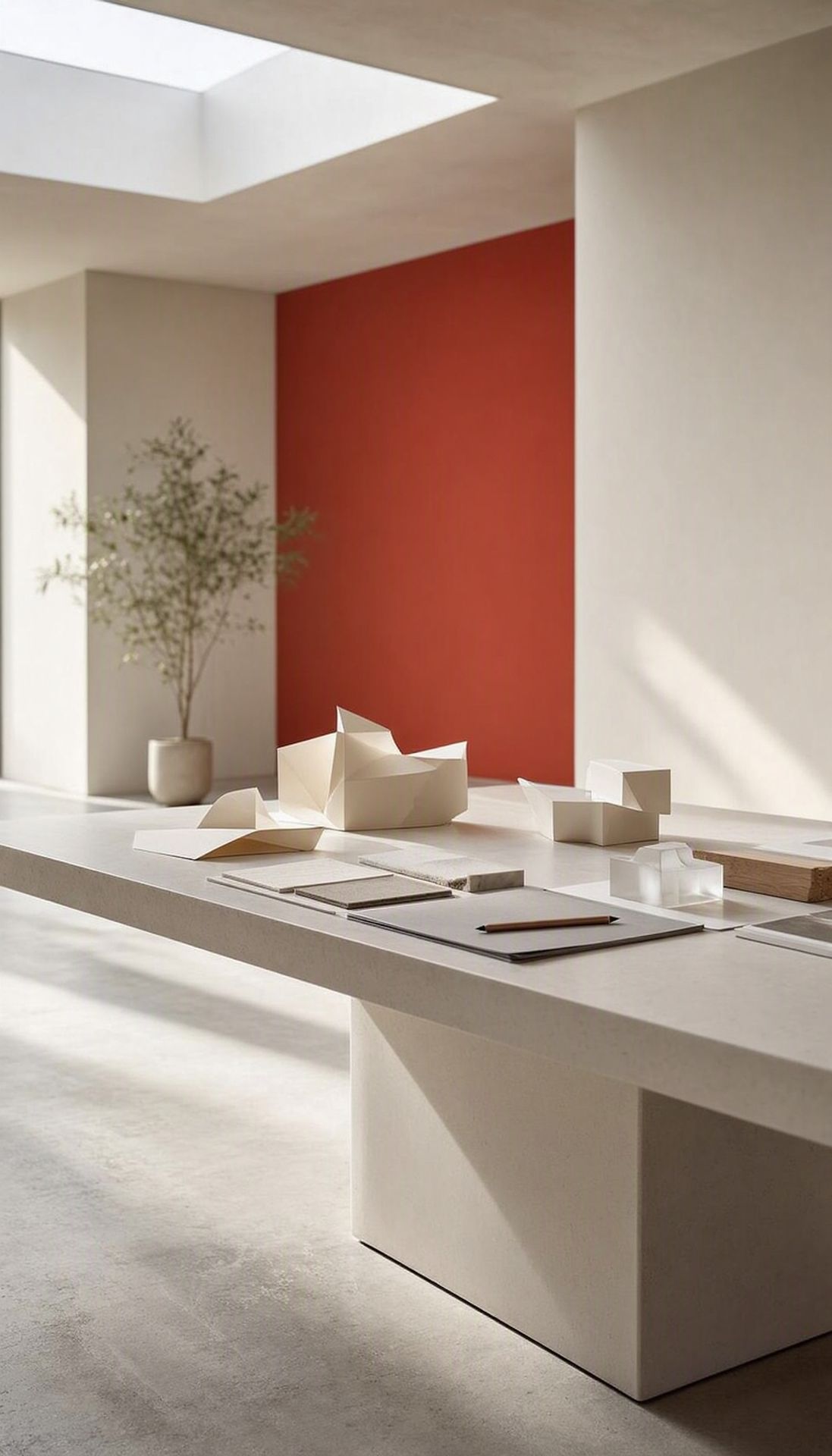 Architectural paper models and material studies in a bright design studio