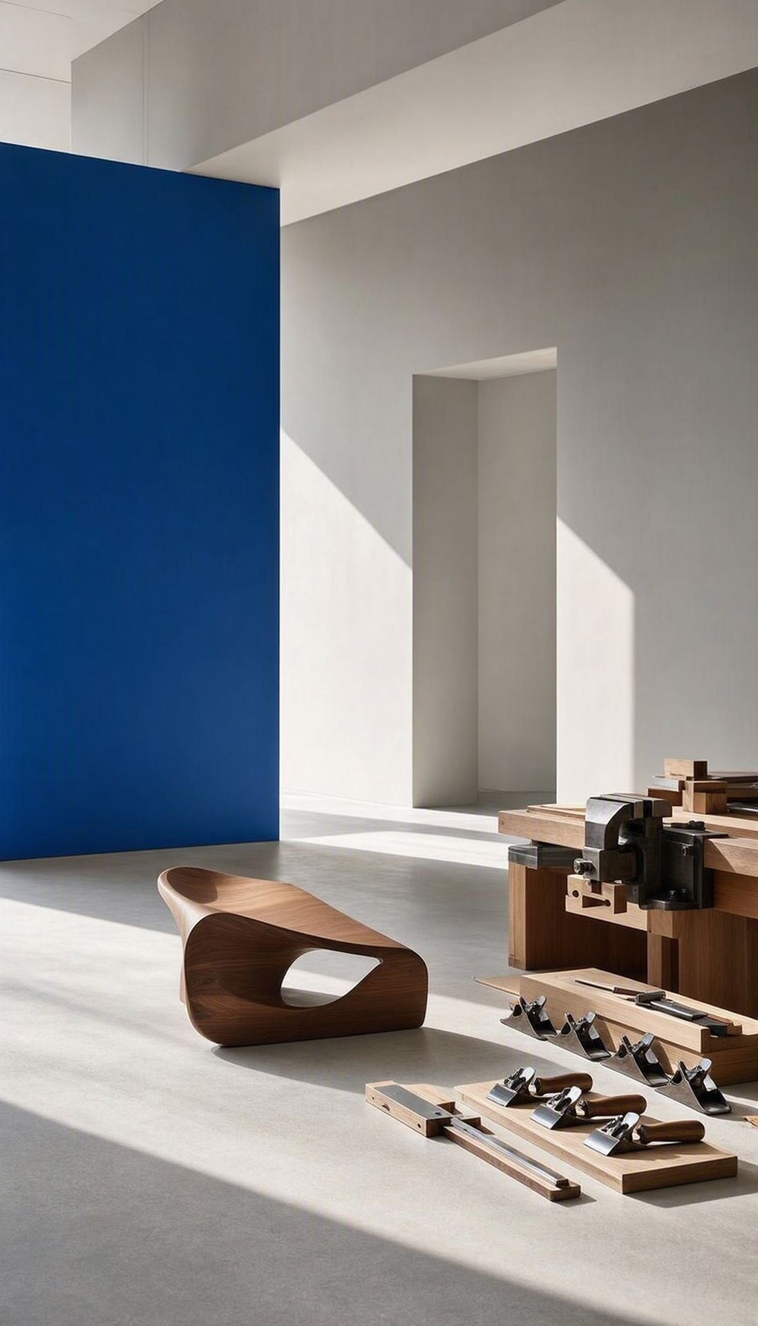 Sculptural timber components and precision tools in a modern maker studio