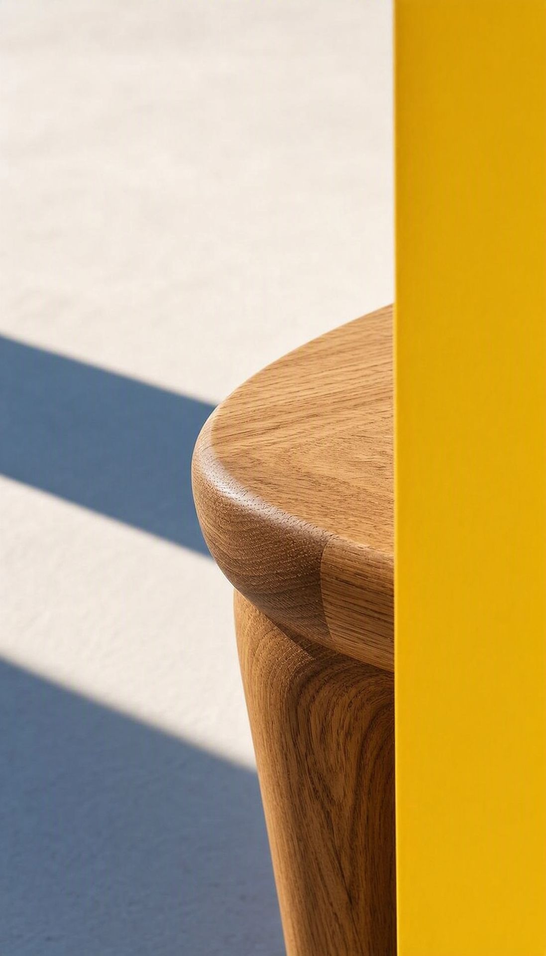 Rounded hardwood furniture detail against yellow and blue planes