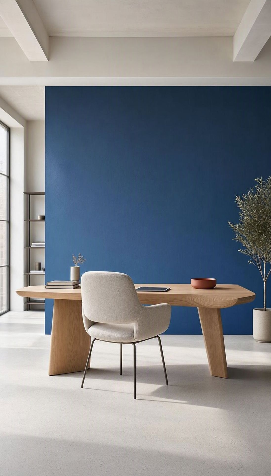 Precisely arranged wood workspace against a cobalt wall