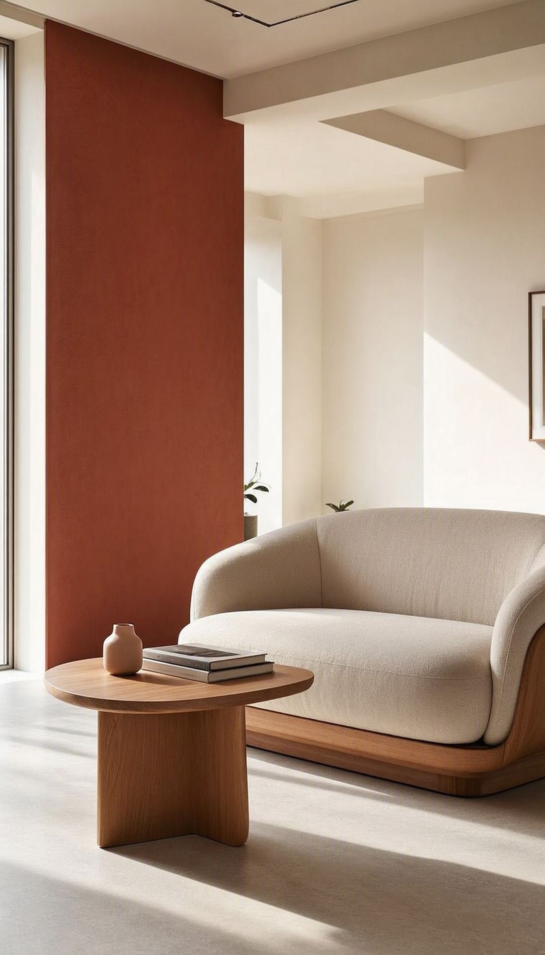 Completed contemporary interior with sculptural seating and a terracotta wall